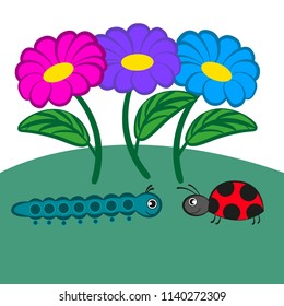 Cartoon caterpillar and ladybug crawling towards each other.