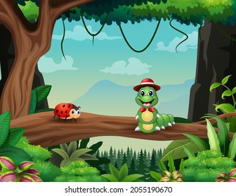 Cartoon a caterpillar and ladybug in the forest