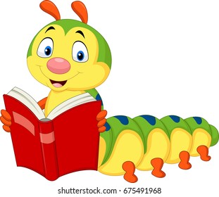 Cartoon caterpillar reading book