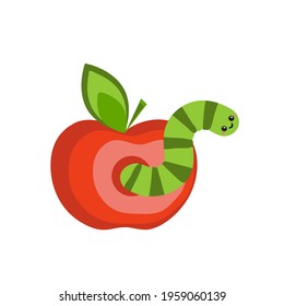 Cartoon caterpillar in red apple. Green larva eating, caterpillar dinner, cute doodle insect vector illustration