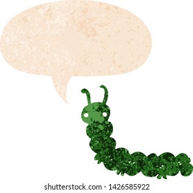 lagarta de desenho animado com balão de fala em estilo texturizado retro angustiado grunge