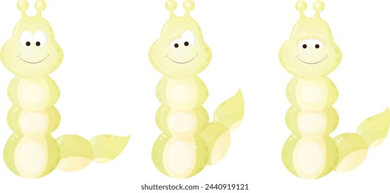 Cartoon Caterpillar. Three characters with different poses and eye expressions. Vector Illustration.