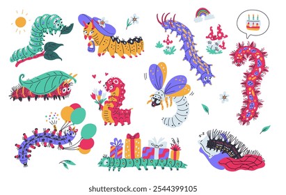 Conjunto de Ilustraciones vectoriales de oruga de dibujos animados. Insecto lindo del gusano del bicho que se arrastra con las cajas de los regalos, globos, estilo del garabato de las flores dibujado. Gusano o larva de diferentes colores come hojas, duerme en una almohada