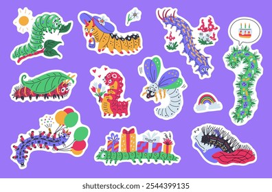 Conjunto de pegatinas de Vector de oruga de dibujos animados. Insecto lindo del gusano del bicho que se arrastra con las cajas de los regalos, globos, estilo del garabato de las flores dibujado. Gusano o larva de diferentes colores come hojas, duerme en una almohada