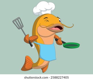 Cartoon catfish chef holding a frying pan and spatula vector illustration