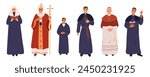 Cartoon catholic church characters. Religion clergy. Ecclesiastics in ceremonial clothes. Different religious ranks. Monks and priests. Christian worship. Clergymen