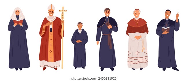 Cartoon catholic church characters. Religion clergy. Ecclesiastics in ceremonial clothes. Different religious ranks. Monks and priests. Christian worship. Clergymen