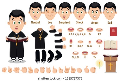 Cartoon catholic priest constructor for animation. Parts of body: legs, arms, face emotions, hands gestures, lips sync. Full length, front, three quater view. Set of ready to use poses, objects.