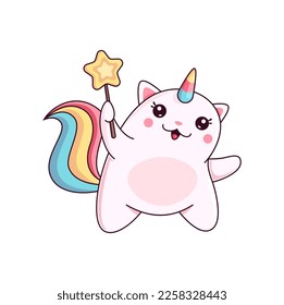 Cartoon caticorn character with star wand. Cute vector pink unicorn cat with colorful tail and horn making magic spell. Funny kitty sorceress, kawaii girlish kitten fairy tale personage conjure