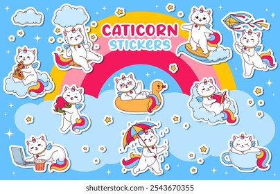 Cartoon caticorn characters stickers of cute unicorn cat, kitty and kitten on sky with rainbow and clouds vector background. Happy caticorn animal personages surfing, reading, eating pizza or sleeping