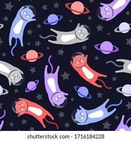 Cartoon cats astronauts. Cats fly among planets and stars. Space cats seamless pattern. Isolated vector illustration.