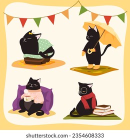 Gatos de caricatura en otoño, chubby, gato negro, otoño, picnic, acogedor