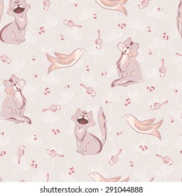 Cartoon cats and birds with notes. Vector Music seamless pattern.