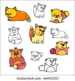 Cartoon cats with black outline on isolated background. Moving, jumping and dancing kittens 