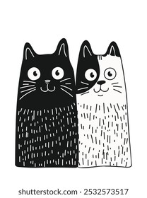 Cartoon cats in a black and white palette, doodle style, hand-drawn, on a white background