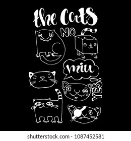Cartoon cats bundle. Modern concept of flat design for cards, banners and invitations. Hand drawn vector illustration with letterings