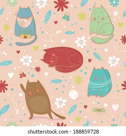 Cartoon cats with butterflies in vector background. Vector background.