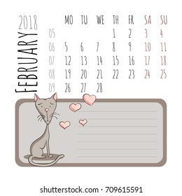 Cartoon cats calendar 2018. Starts on Monday. February. Vector illustration