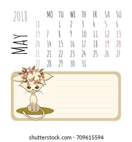 Cartoon cats calendar 2018. Starts on Monday. May. Vector illustration
