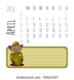 Cartoon cats calendar 2018. Starts on Monday. April. Vector illustration