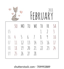 Cartoon cats calendar 2018. Starts on Sunday. Vector illustration. February