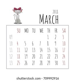 Cartoon cats calendar 2018. Starts on Sunday. Vector illustration. March