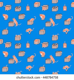 Cartoon cats in cardboard boxes seamless pattern. Vector Illustration