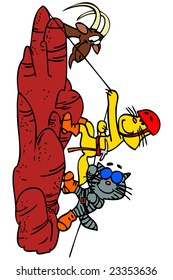 Cartoon cats climbing on a hill.