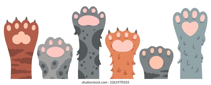 Cartoon cats cute paws. Kitty fluffy paws, fluffy domestic animals feets. Cat paws flat vector background illustration