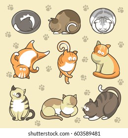 Cartoon cats in different poses vector icons set. Funny kitten pets sleeping, washing, playing or walking posing on paw print pattern background