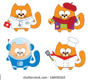 Cartoon cats of different professions