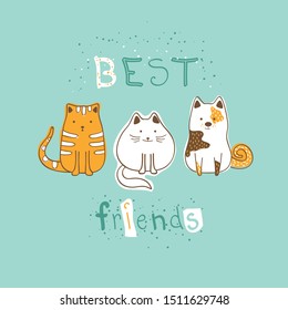 Cartoon cats and dog - card. Three best friends.  Print for kids, baby, children.