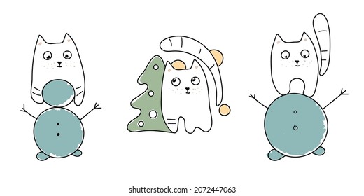 Cartoon cats doodle. Christmas funny hand drawn vector illustration. Cat and snowman, and with Christmas tree