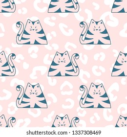 Cartoon cats in doodle style. Colorful funny animal pattern