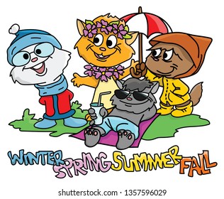 Cartoon cats dressed for winter, summer, spring and fall vector illustration