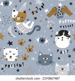 Cartoon cats fortune tellers kids texture. Funny cats seamless pattern. Perfect for kids fabric, wallpaper. Vector illustration