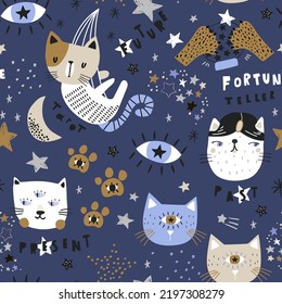 Cartoon cats fortune tellers kids texture. Funny cats seamless pattern. Perfect for kids fabric, wallpaper. Vector illustration