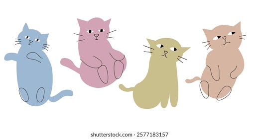 Cartoon cats. Funny cats in different poses. Isolated flat wall stickers design, crazy kitty characters. Adorable racy vector kittens
