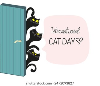 Cartoon cats. Hand lettering, text International Cat Day. Banner with funny kittens behind the door. Vector illustration, white background, isolated.