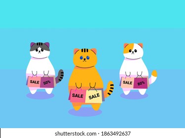 Cartoon cats holding shopping bags with special offer and promotion. Big Christmas sale or Happy New Year sale when the product price the most discount from 50% up to 80%. Concept of seasonal discount