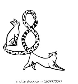 Cartoon cats intertwine the tails of figure 8. Postcard for the day of March 8. Template with place for text. Stock vector illustration happy womens day. Doodle cat isolate on white background.