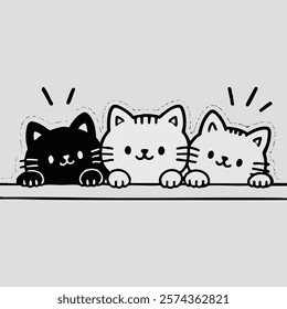 cartoon, cats, kitten, kitty, cute, art, minimalist, black, white, stripes, happy, playful, adorable, illustration, bold, lines, peeking, ledge, simple, round,  small