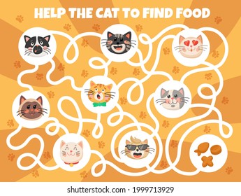 Cartoon Cats And Kittens Kids Game, Labyrinth Maze With Cute Pets Muzzles And Tangled Path. Vector Educational Puzzle Help The Cat To Find Food With Funny Characters. Children Activity Riddle Sheet