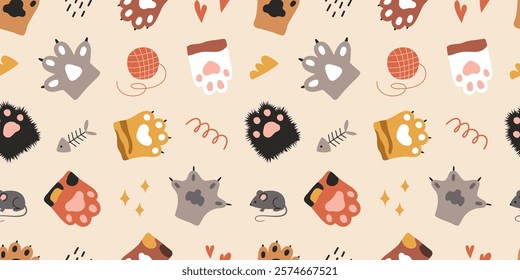Cartoon cats little paws. Cute and soft pets feet, furry limbs with claws and pads, different animals fur colors, vector seamless pattern