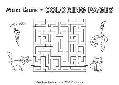 Cartoon cats maze game. Vector coloring book pages for children