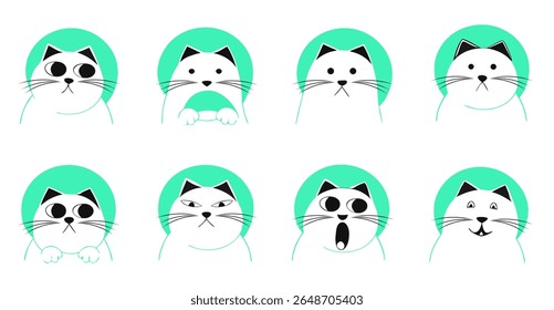 Cartoon cats in mint hoodie with emotional faces and comic expressions on white background, Vector Illustration

