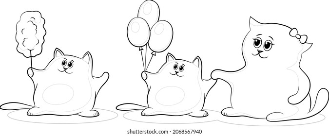 Cartoon Cats Mom and Children with Candy Floss and Balloons, Black Contours Isolated on White Background. Vector