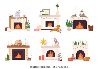 Cartoon cats on fireplaces. Christmas decorated fireplace and cute funny cat, gift boxes, xmas tree garlands and candles. New Year vector elements