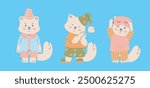 Cartoon cats in pajamas on a blue background. Kittens standing and wearing a nightcaps, preparing to sleep with hands clasped, and stretching with a sleep mask. Cute animal illustration.