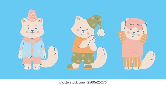 Gatos de dibujos animados en pijama sobre un fondo azul. Gatitos de pie y con gorros de dormir, preparándose para dormir con las manos juntas y estirándose con una máscara para dormir. Linda ilustración animal.